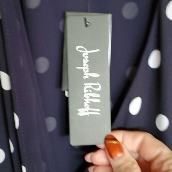 Joseph Ribkoff Wraparound Lined Midnight Blue Vanilla Polka Dot Sz 6 Cap Dress - Picture 8 of 11